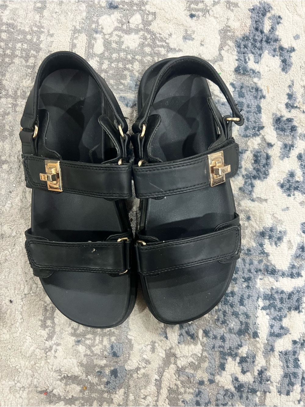 Steve Madden Black Leather Triple-Strap Sandals with Gold Accents